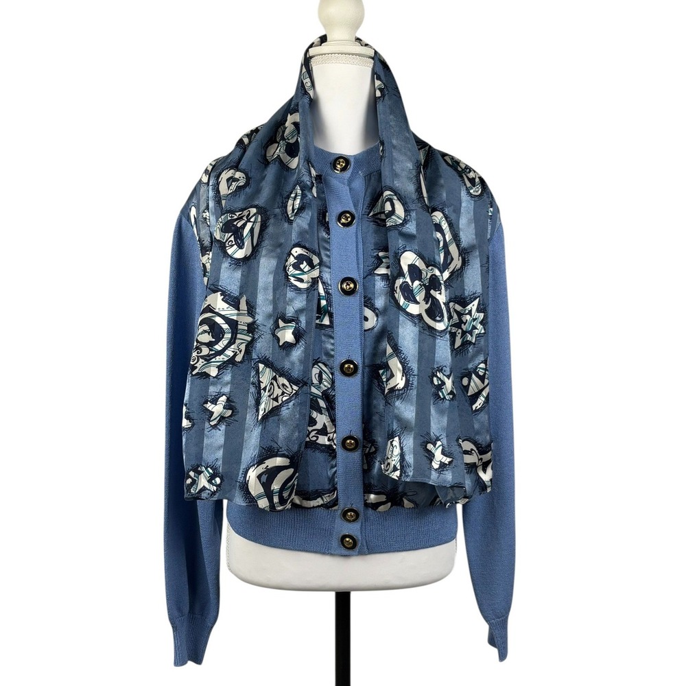St John Collection Knit Cardigan Womens M Blue Abstract Silk‎ Lining & Scarf VTG